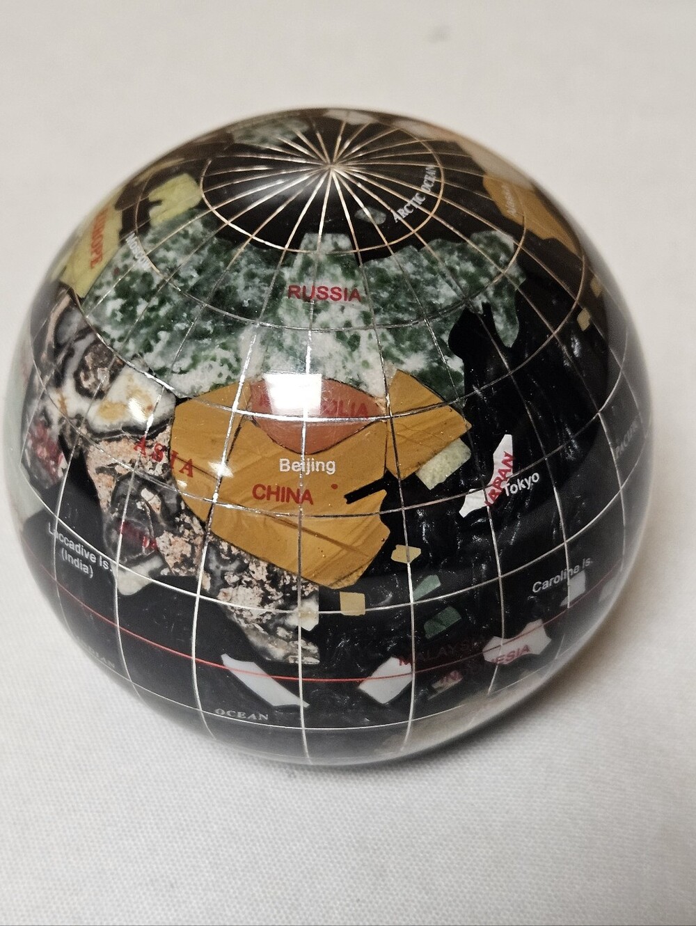 Semi Precious Stone World Globe Europe USA Asia Paperweight Multicolor